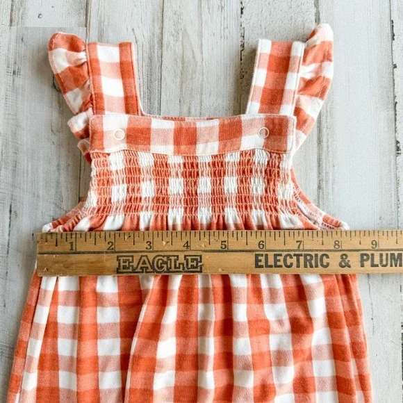 Angel Dear Harvest Pumpkin Smocked Bubble Romper Overalls Orange Gingham 6-12 mo - Picture 12 of 14